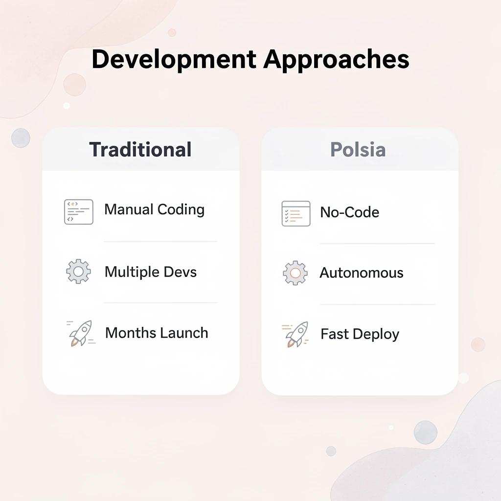Comparison table showing traditional development versus Polsia platform