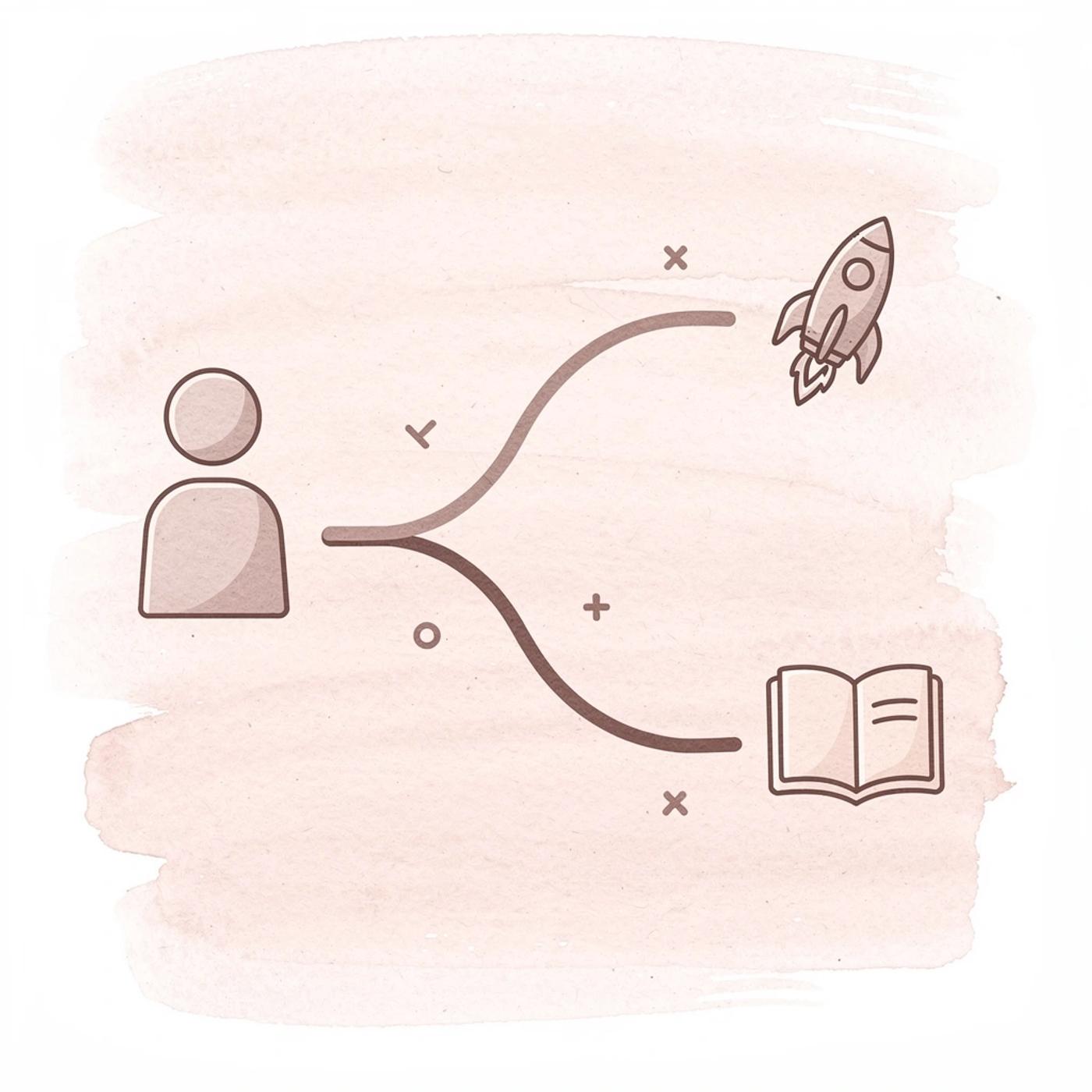 Robot icon splitting into two paths showing AI coding tools don't build complete startups