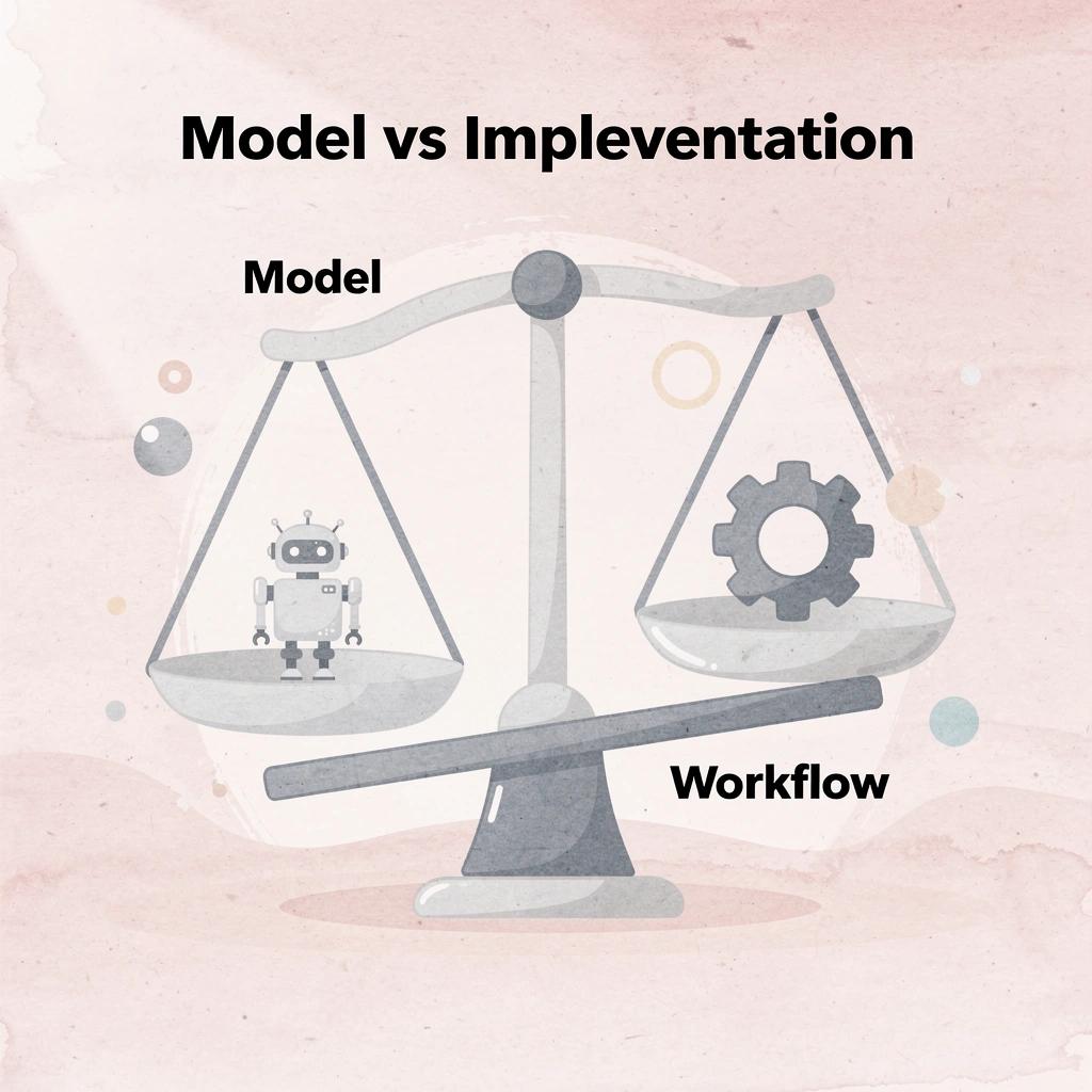 Balance scale comparing model choice versus workflow implementation
