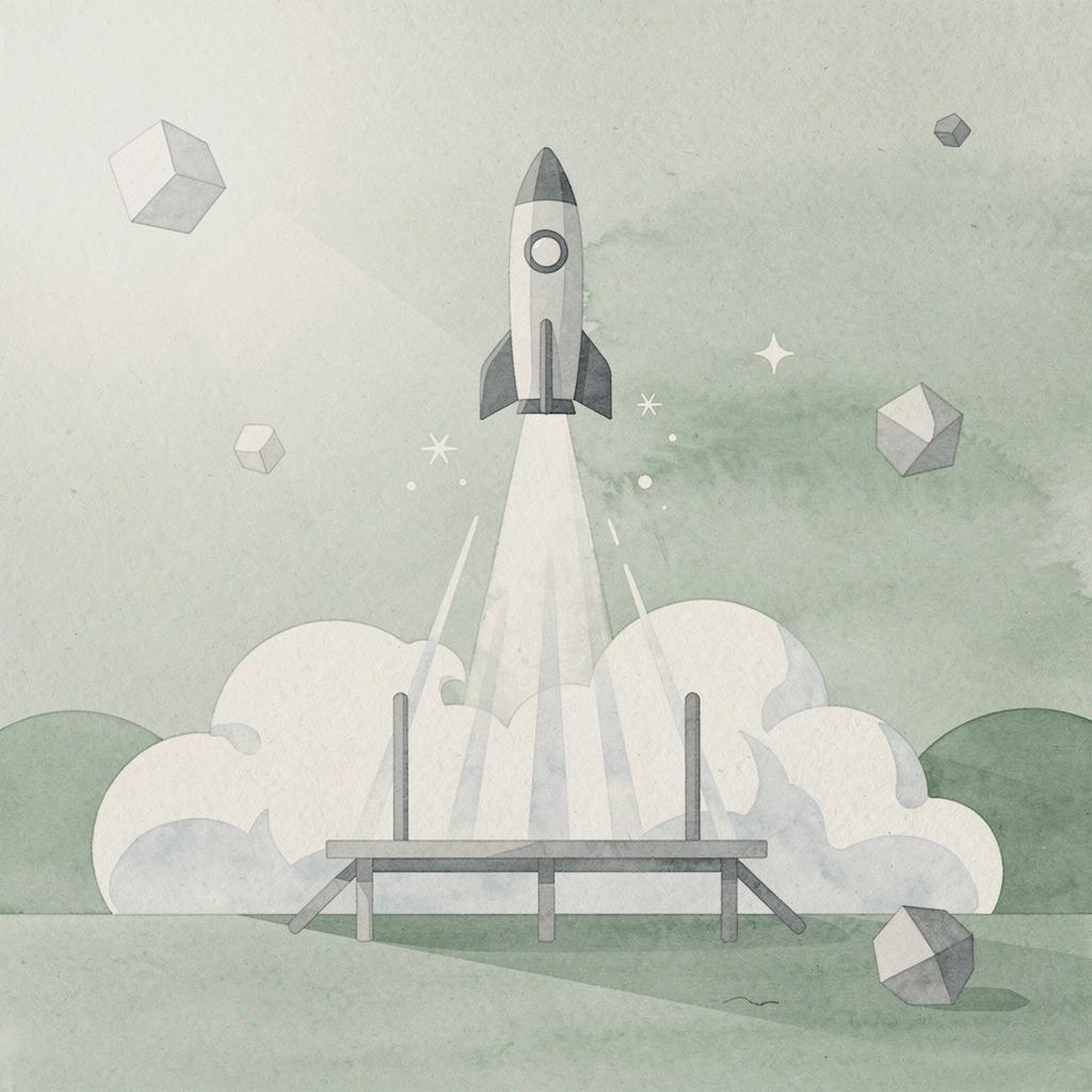 Scene of an app launching upward, representing skipping infrastructure to ship fast