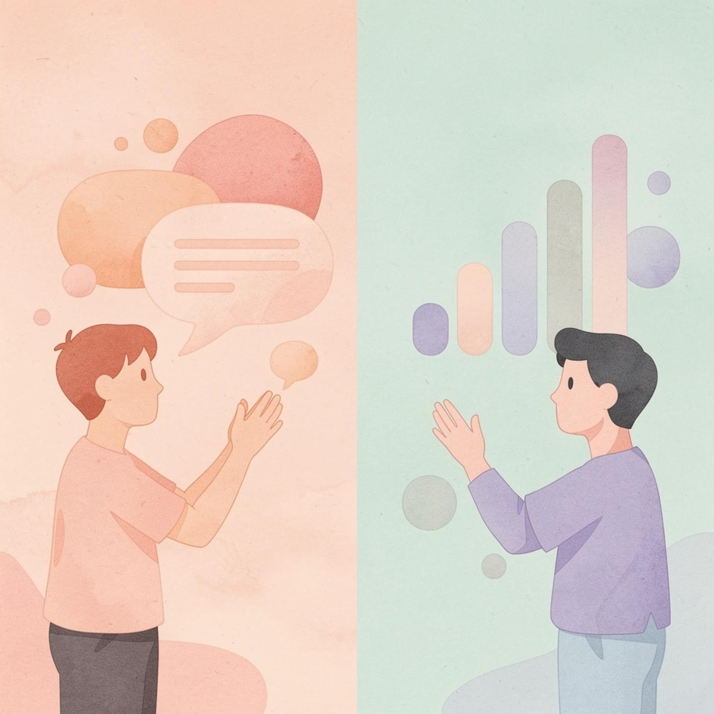 Split scene illustration showing contrast between what people say and what they actually do