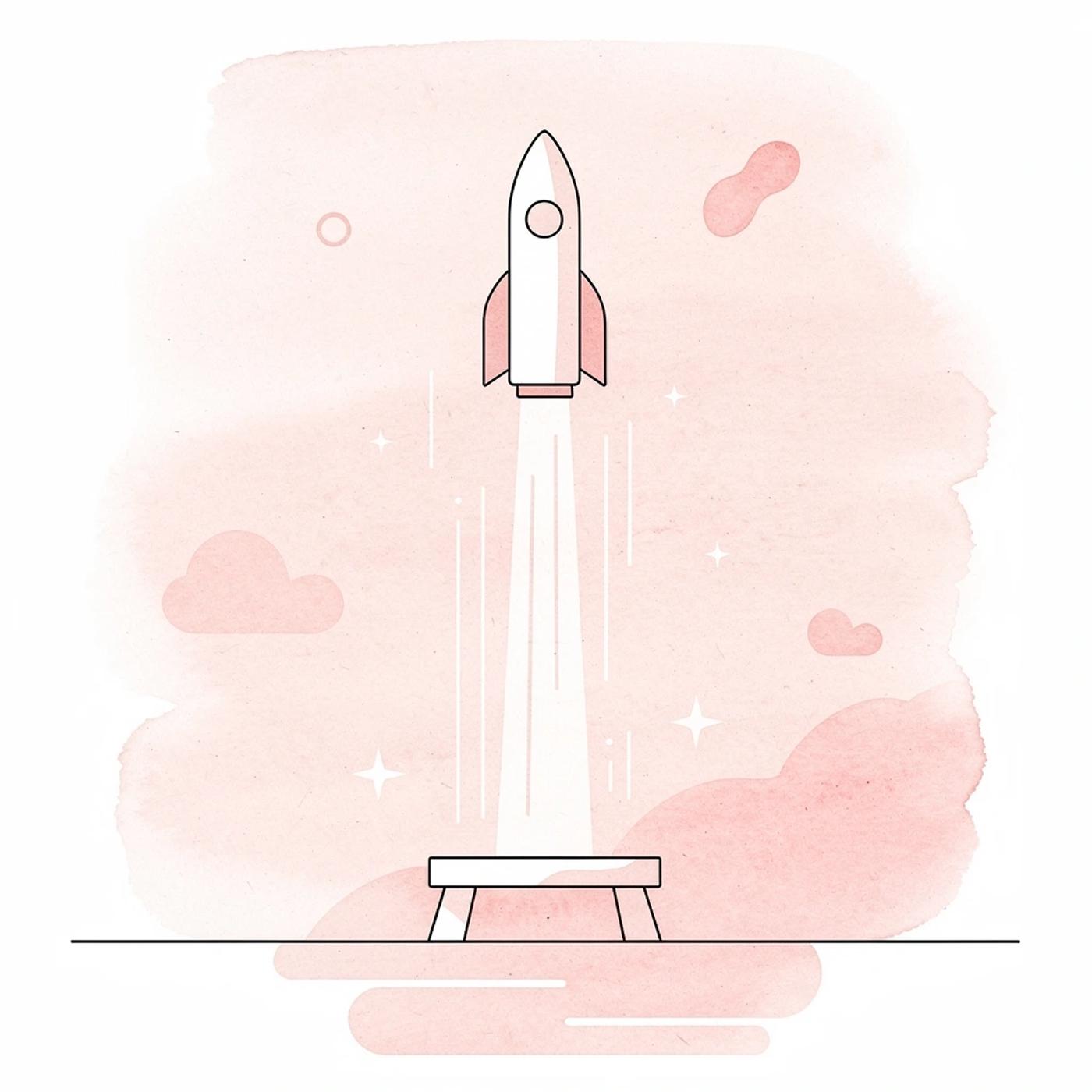 Scene illustration of a product launching upward, representing no-code SaaS app creation