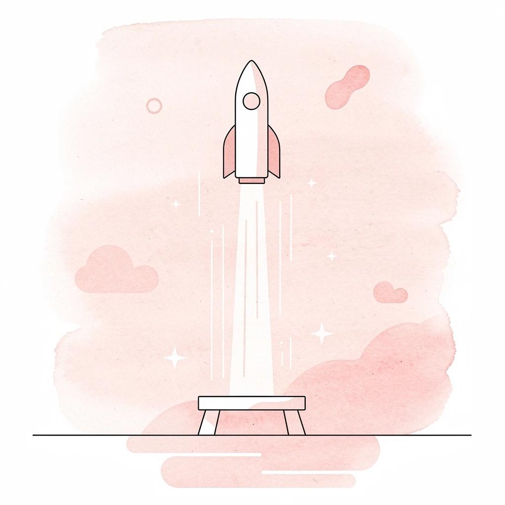 Scene illustration of a product launching upward, representing no-code SaaS app creation