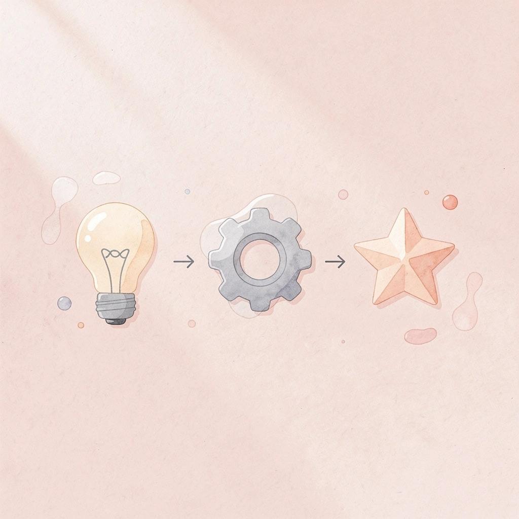 Three connected icons showing product launch to customer acquisition to revenue generation