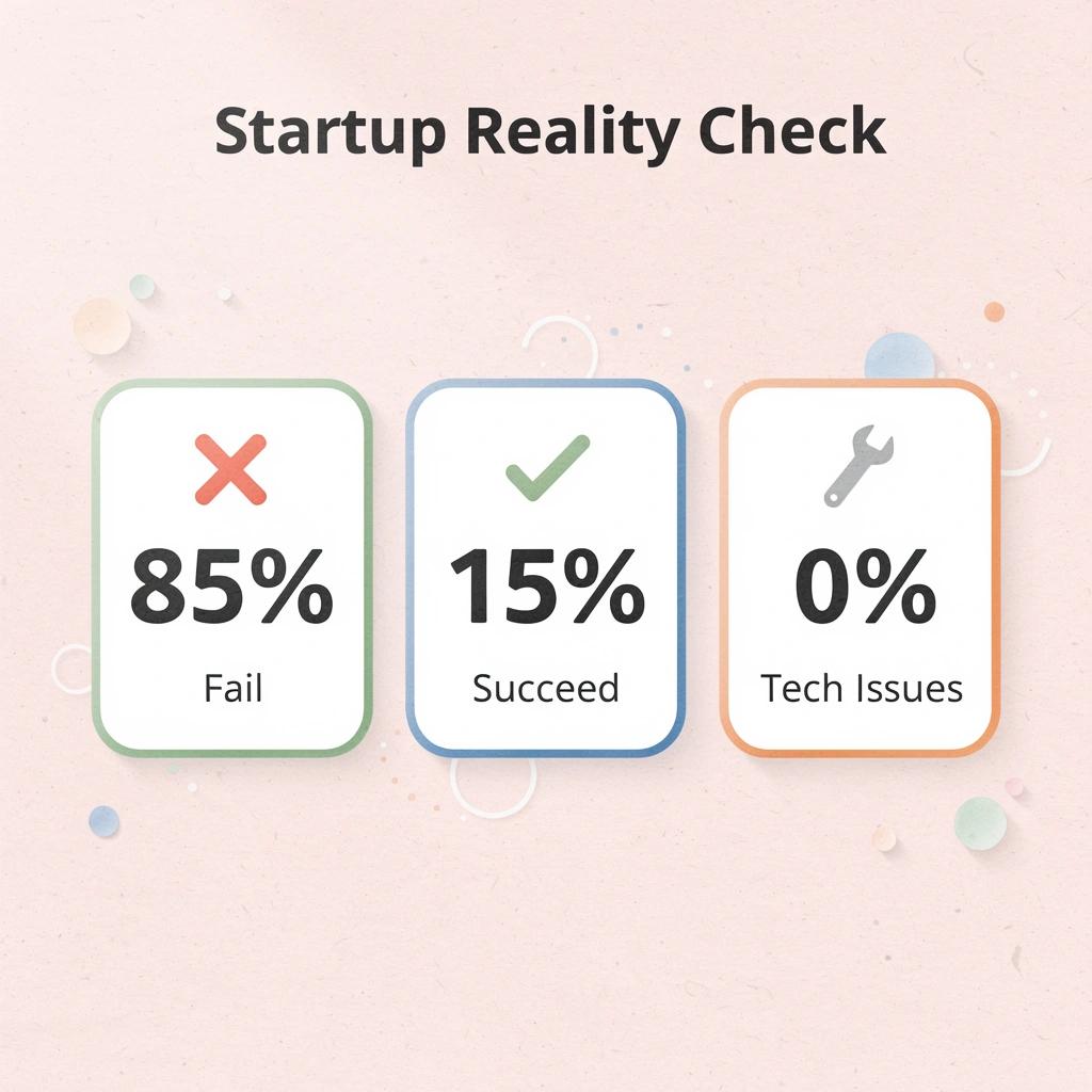 Statistics showing 85% of startups fail, 15% succeed, with 0% failing due to technical issues