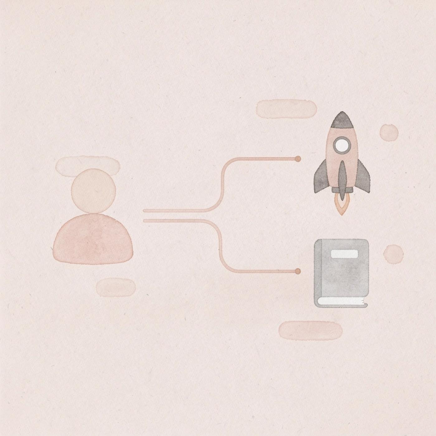 Code icon splitting into two paths representing the gap between working code and working business