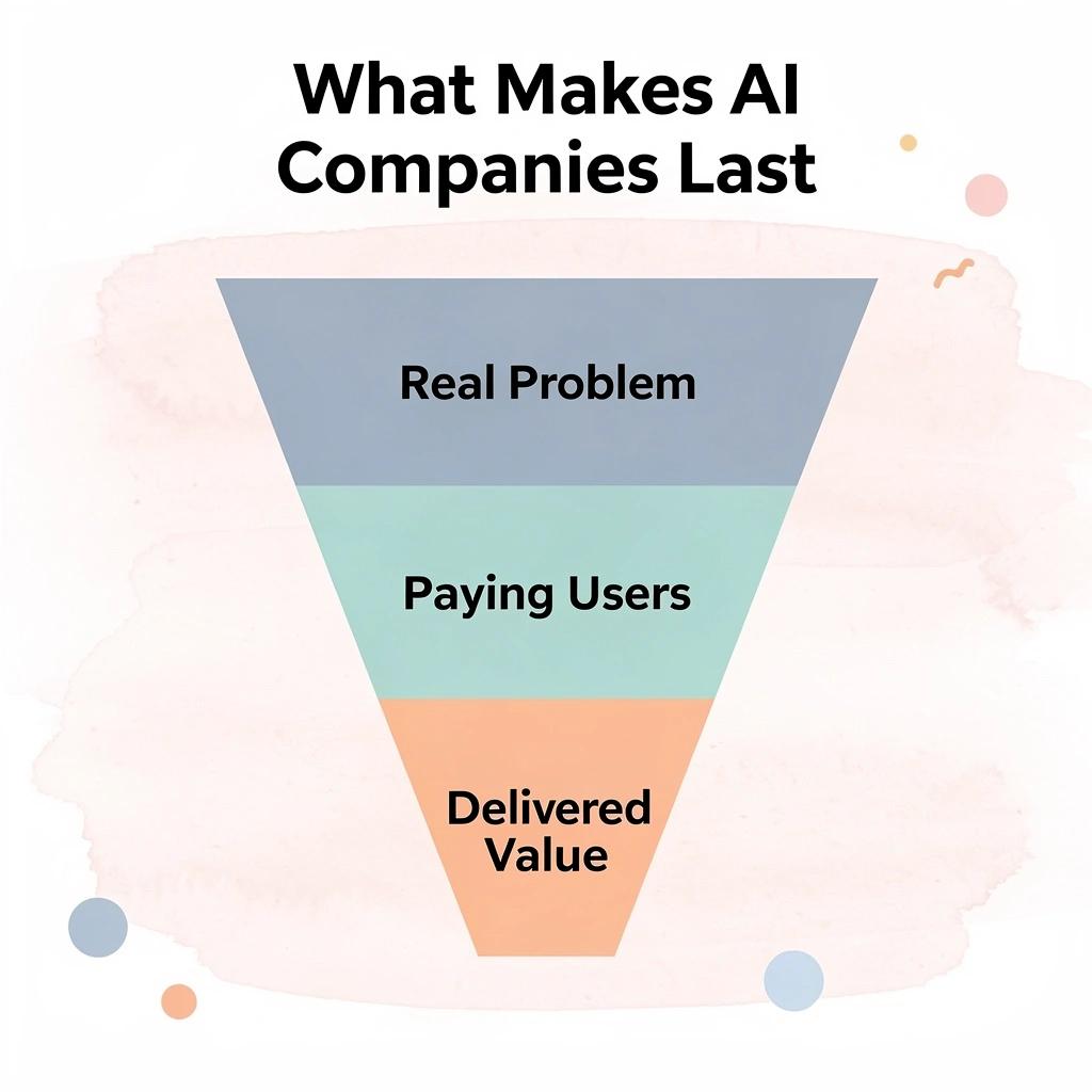 Funnel infographic showing the stages that make AI companies succeed
