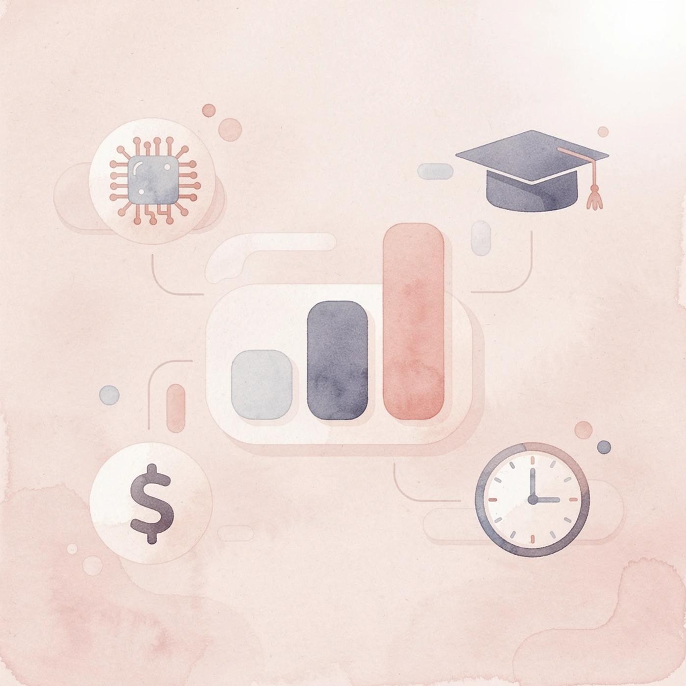 Icon hub showing a central rocket surrounded by market, technology, hiring, money, and time icons representing the many simultaneous demands on a first-time founder