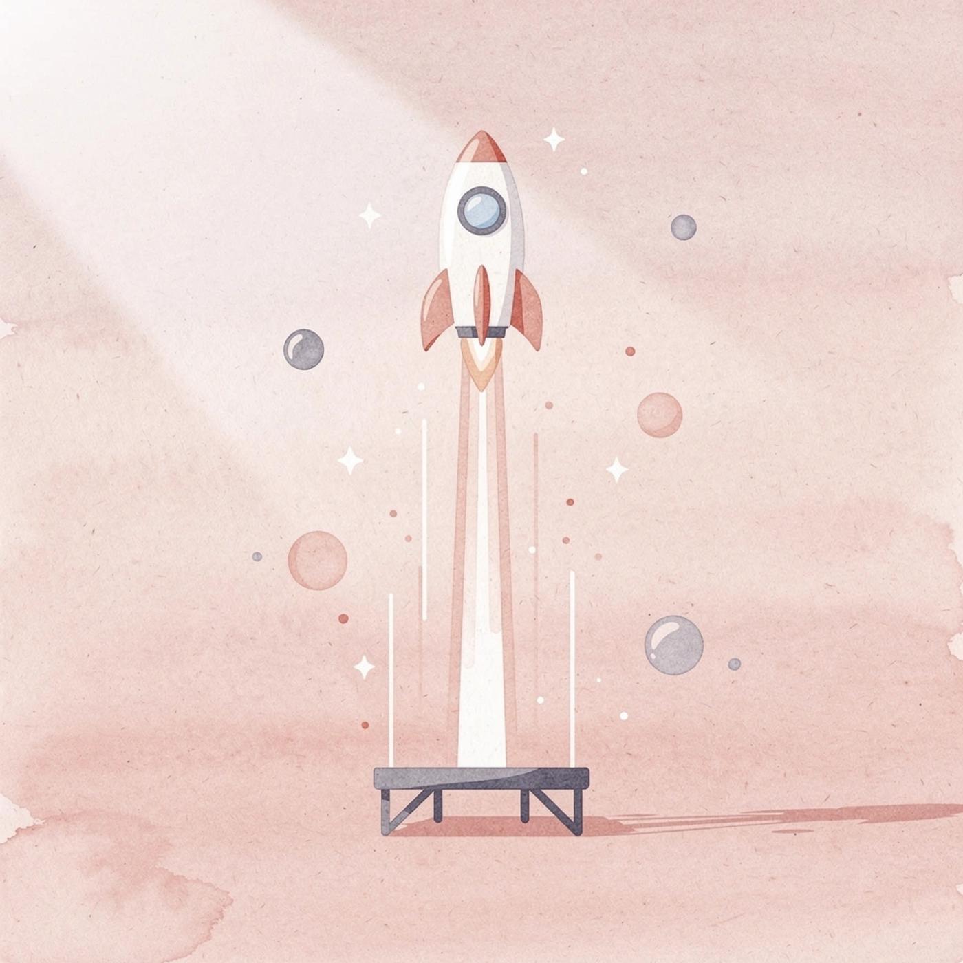 Scene of a solo founder launching a rocket, symbolizing starting an AI company without a full team