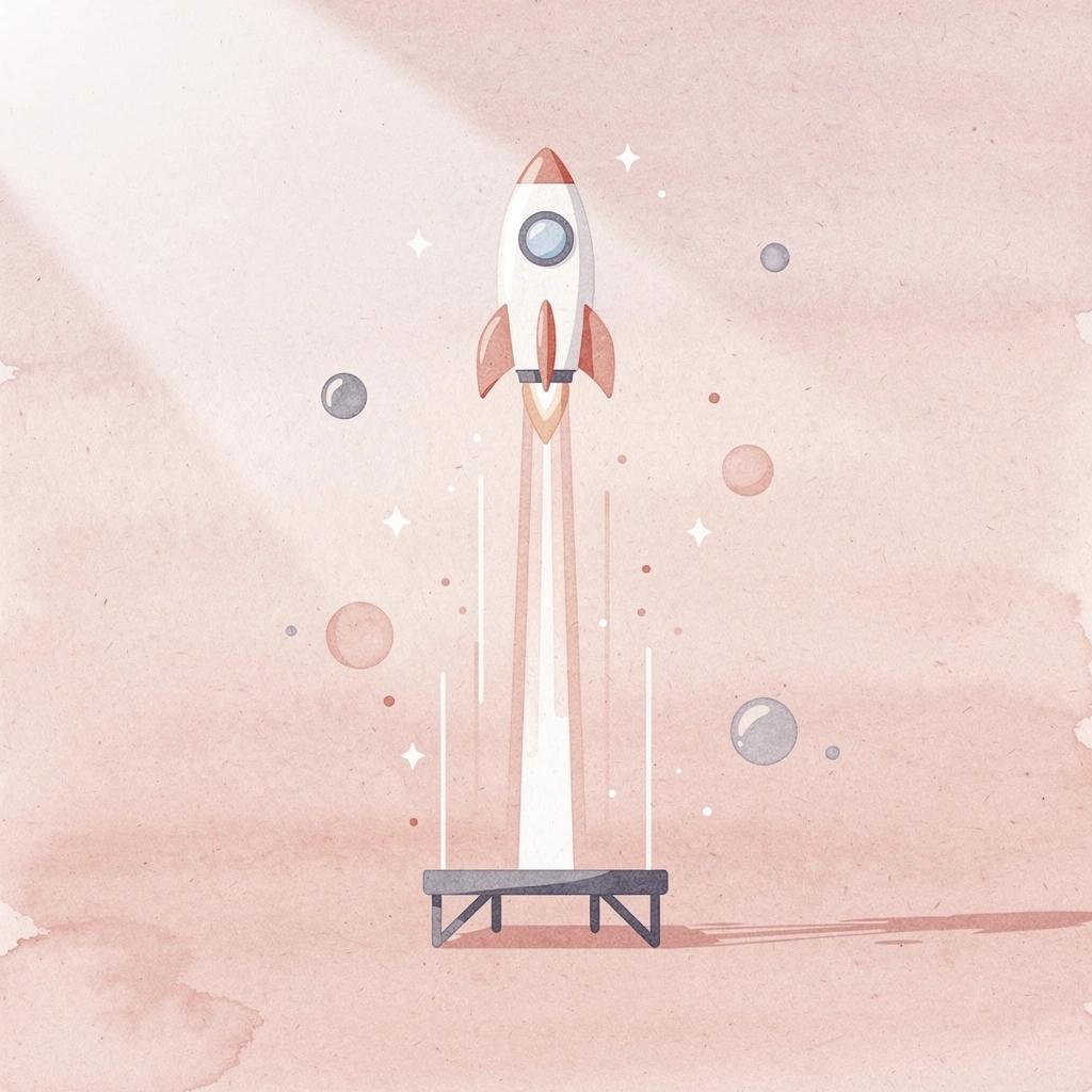 Scene of a solo founder launching a rocket, symbolizing starting an AI company without a full team
