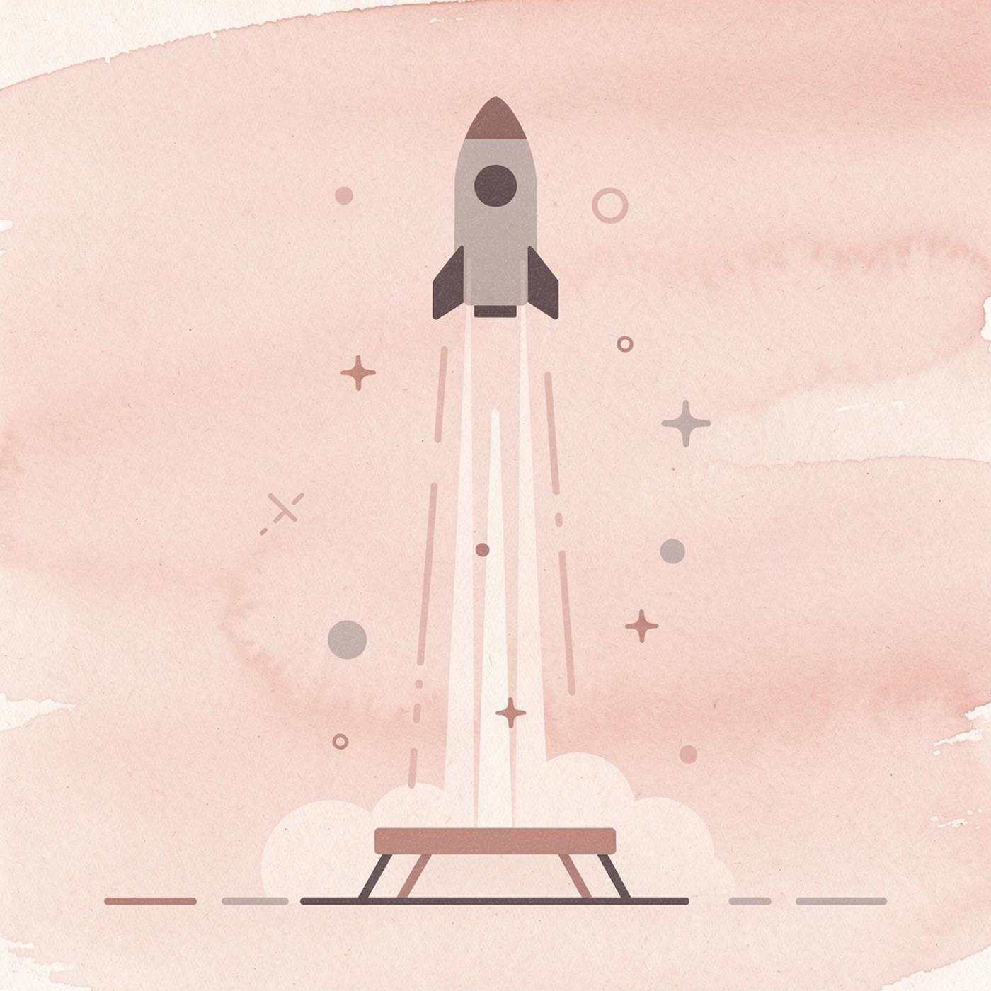 Rocket launching upward representing transforming ideas into launched products