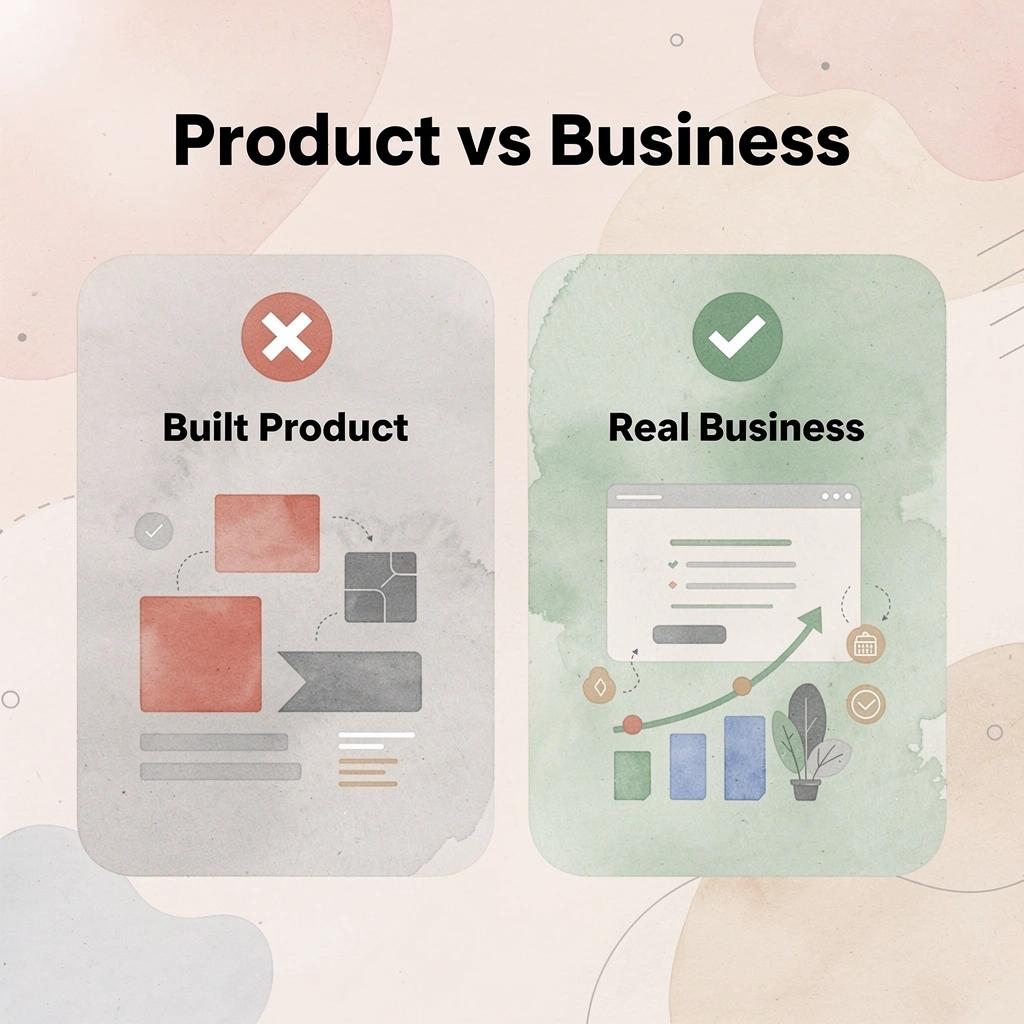 Before and after showing the gap between building a product and running a real business