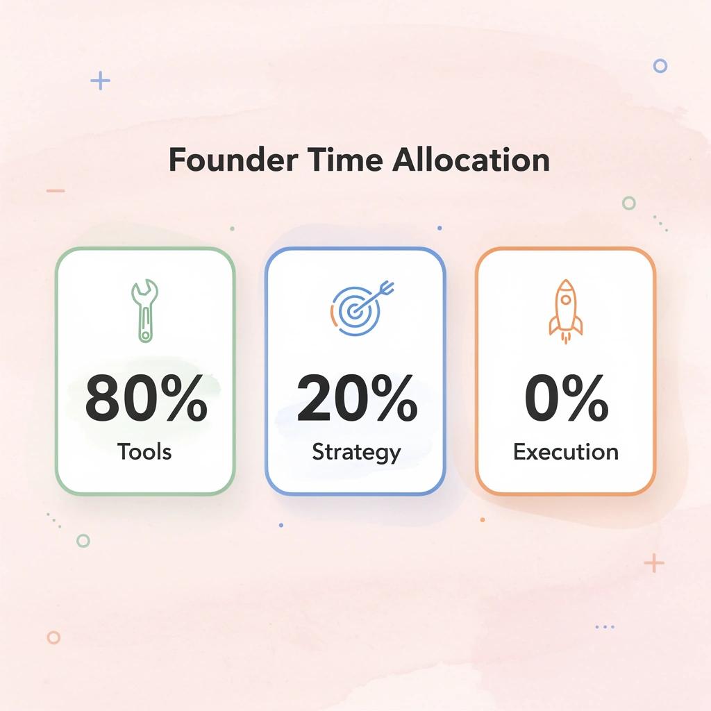 Statistics showing founder time allocation between tools, research, and strategy planning