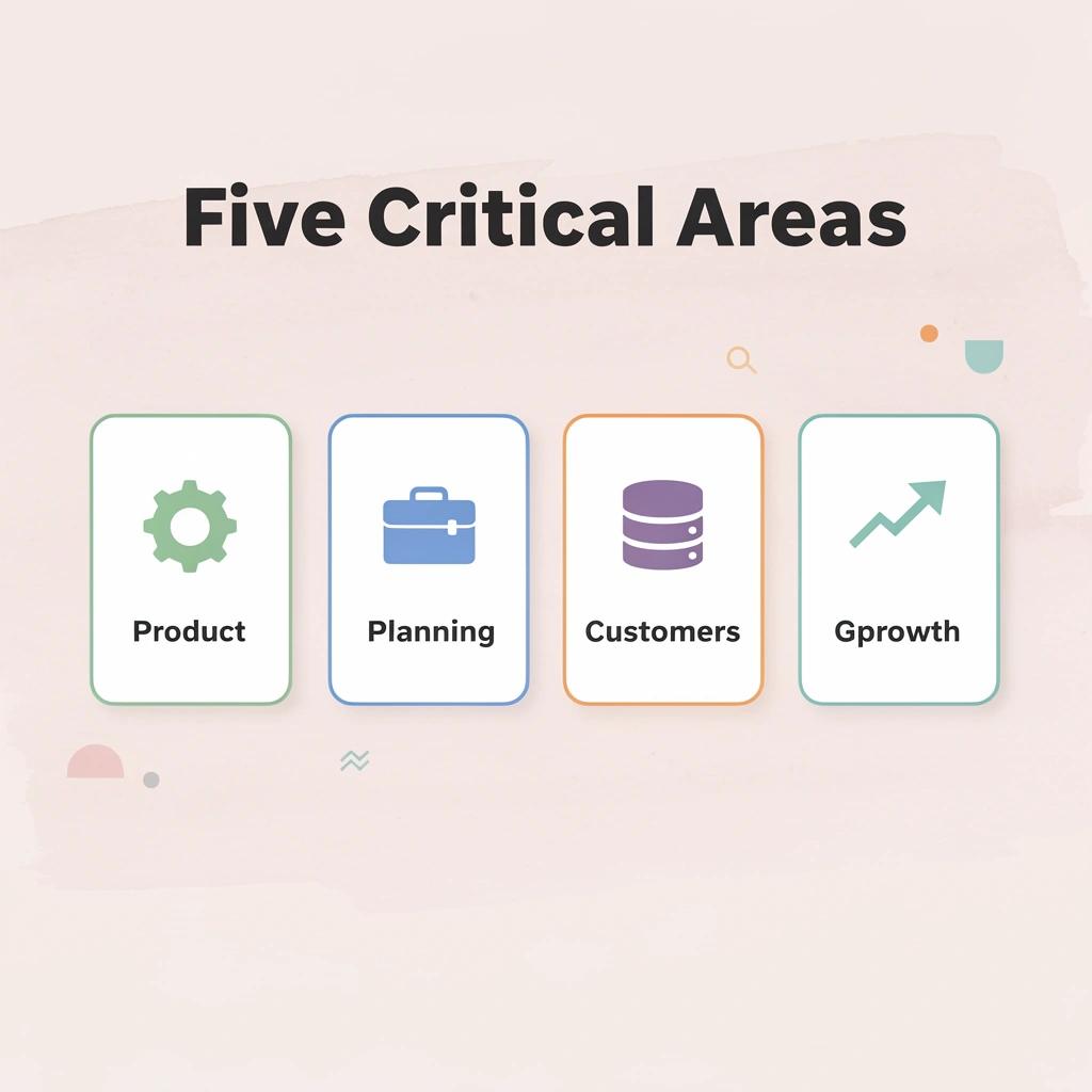 Five cards showing critical startup areas: Product, Planning, Customers, Operations, and Growth