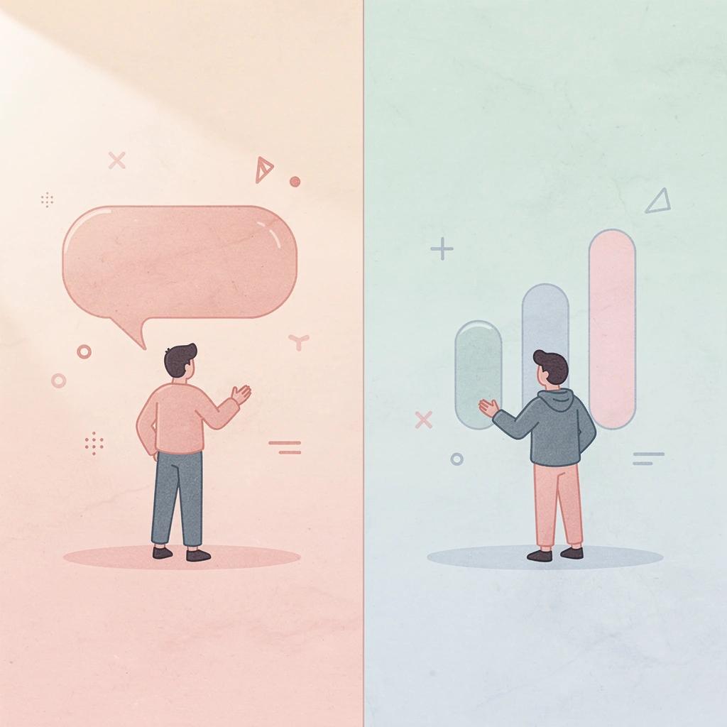 Split scene showing the contrast between product development and business challenges