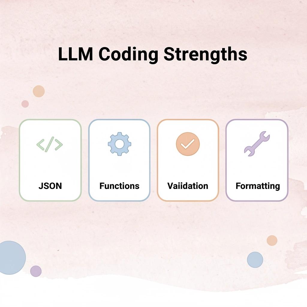 Four cards showing LLM coding strengths