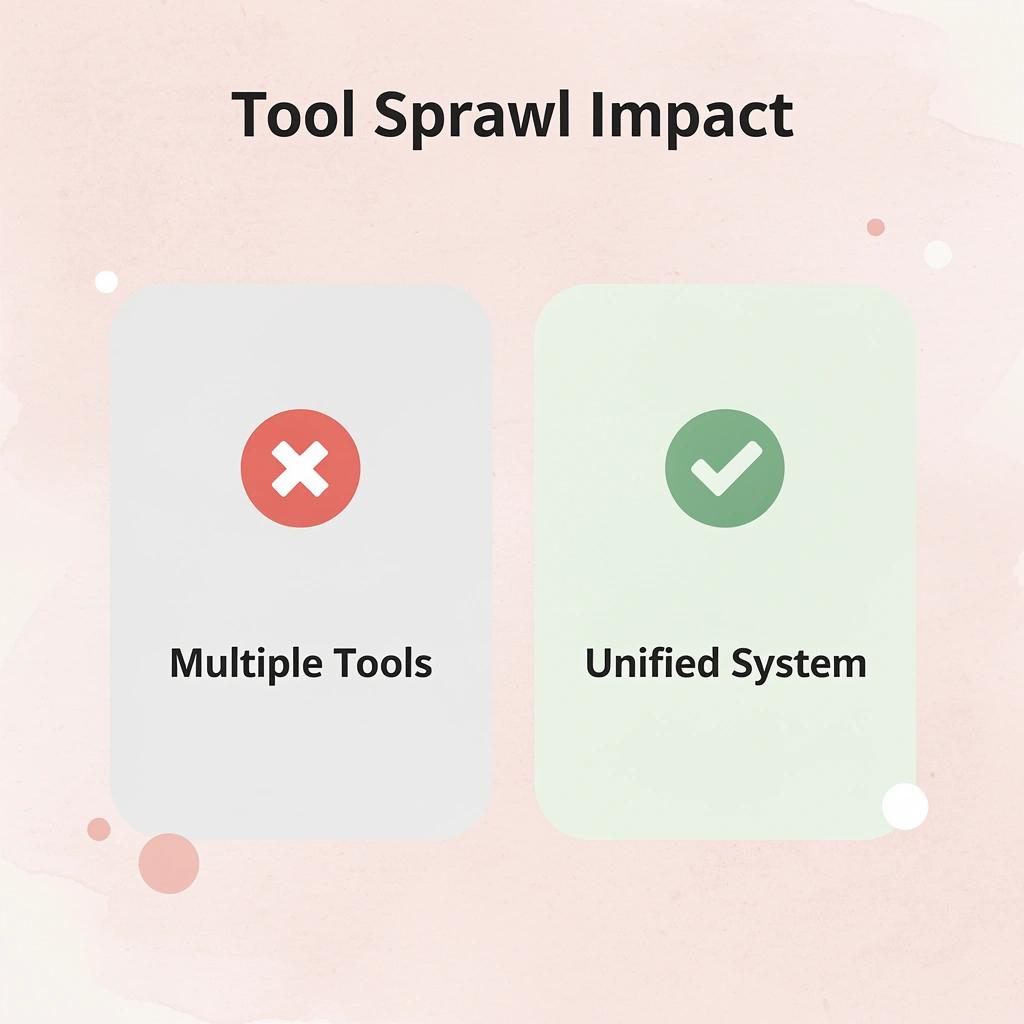Before and after comparison of tool sprawl versus unified system