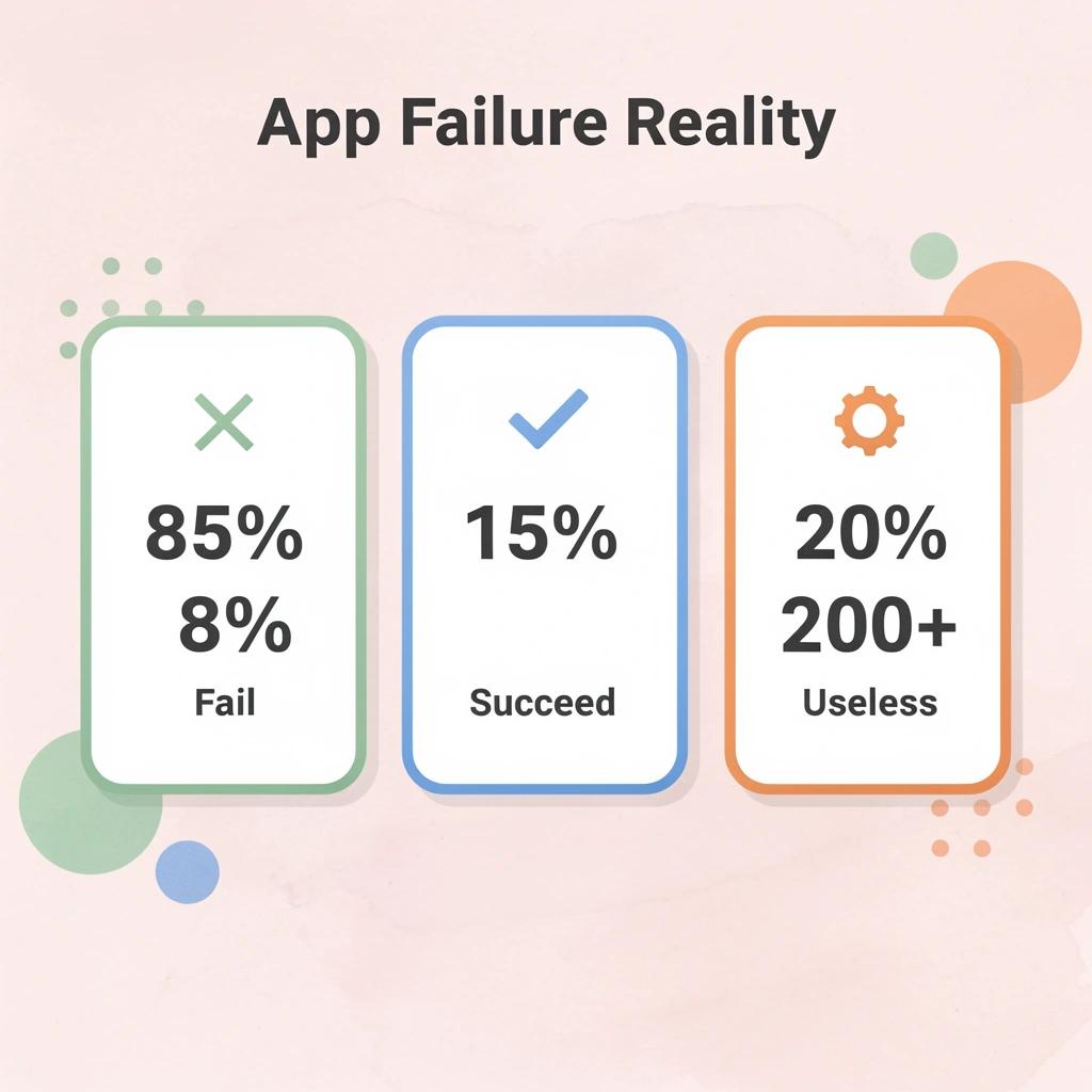 Statistics showing app failure rates and feature trap