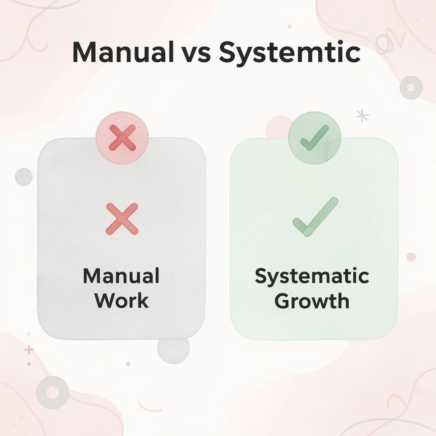 Before and after comparison of manual work versus systematic growth
