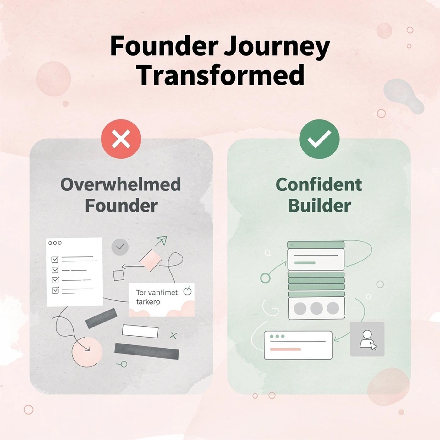 Before and after showing the transformation from overwhelmed founder to confident builder