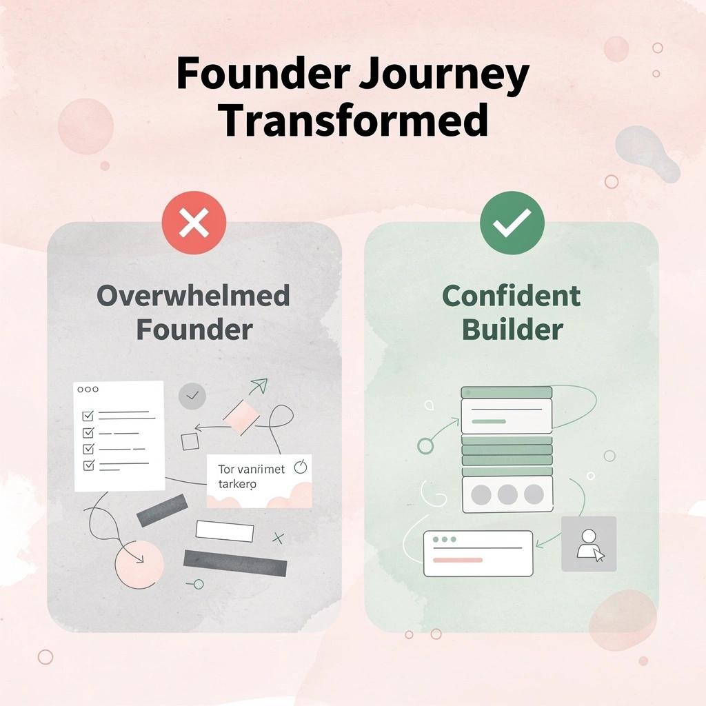 Before and after showing the transformation from overwhelmed founder to confident builder