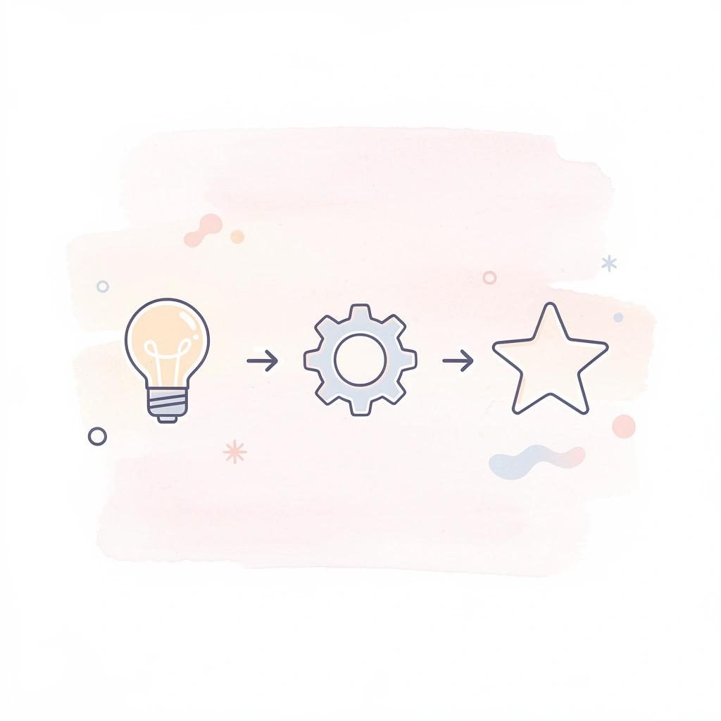 Three icons showing progression from product creation to customer acquisition to revenue