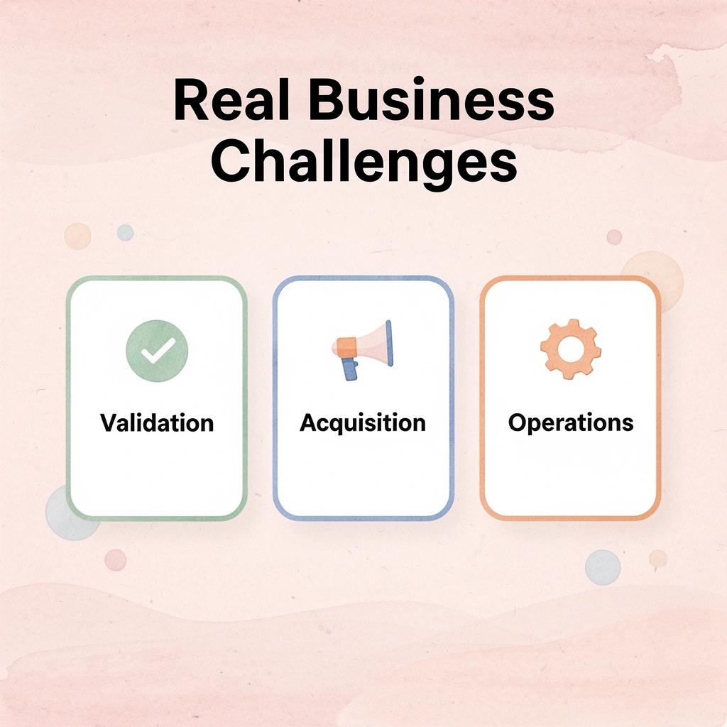Three cards showing key business challenges beyond coding