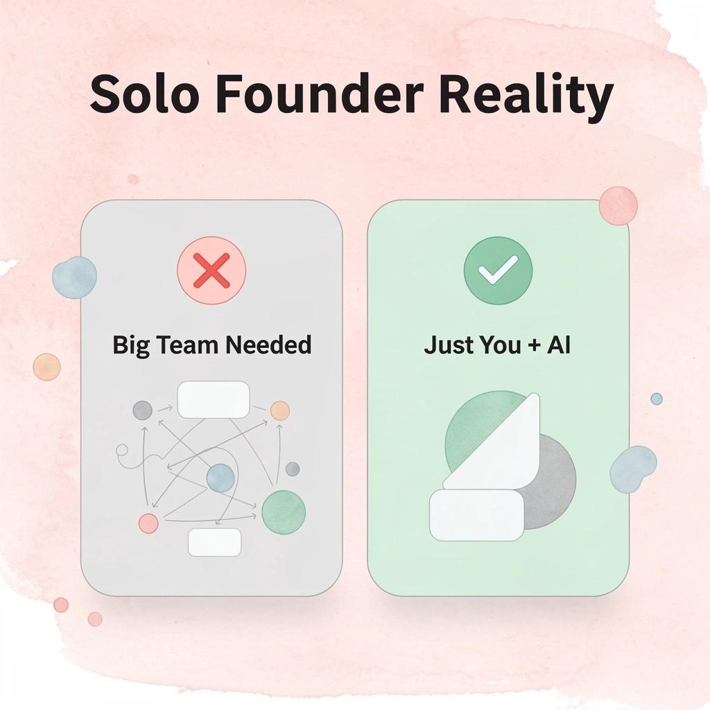 Before and after infographic showing the shift from needing a big team to a solo founder with AI
