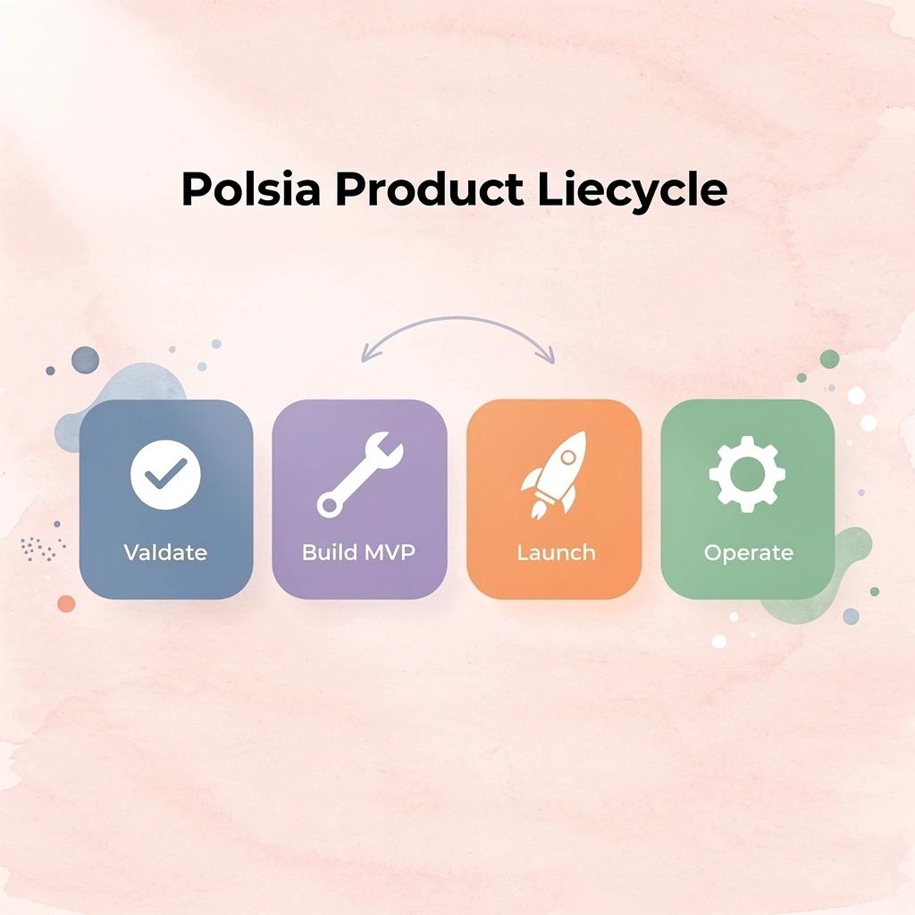 Four-step process flow showing Polsia's complete product lifecycle