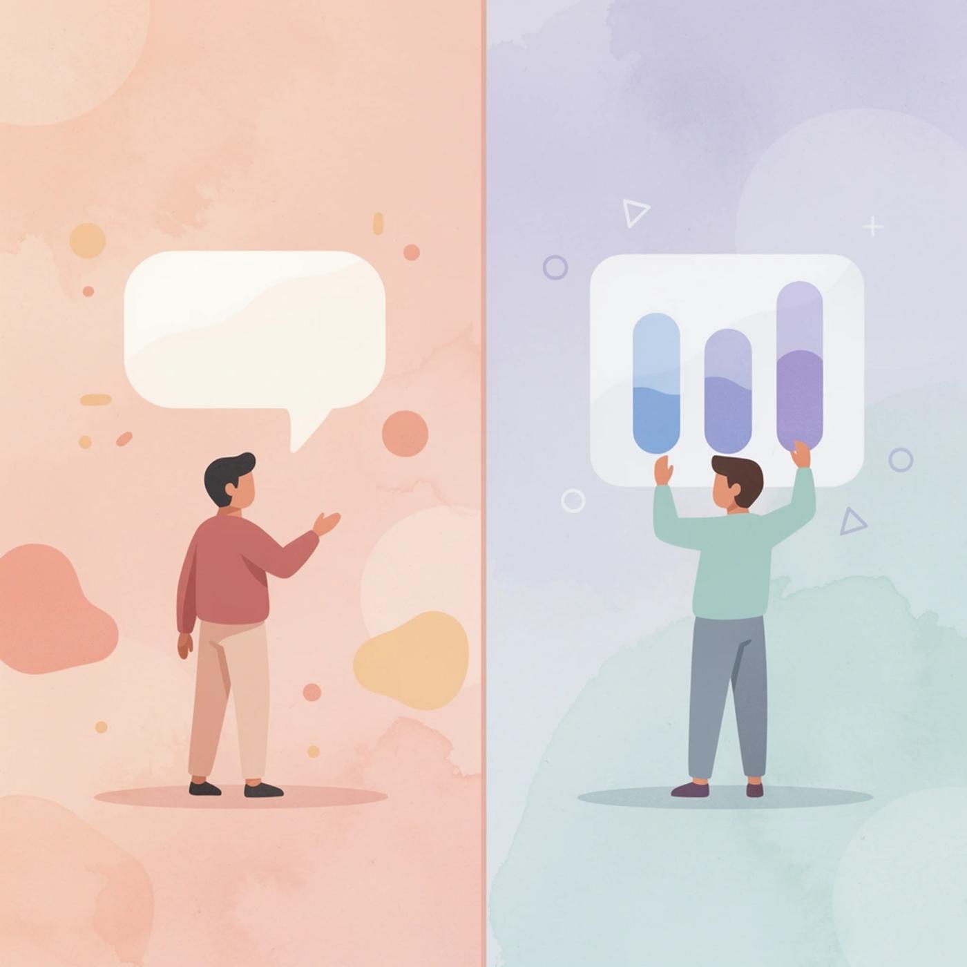 Split scene showing the contrast between coding and actual product usage