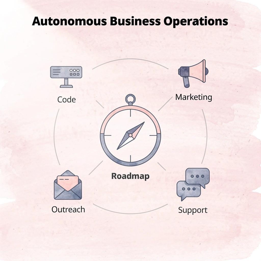 Hub and spoke diagram showing Polsia's autonomous business operations
