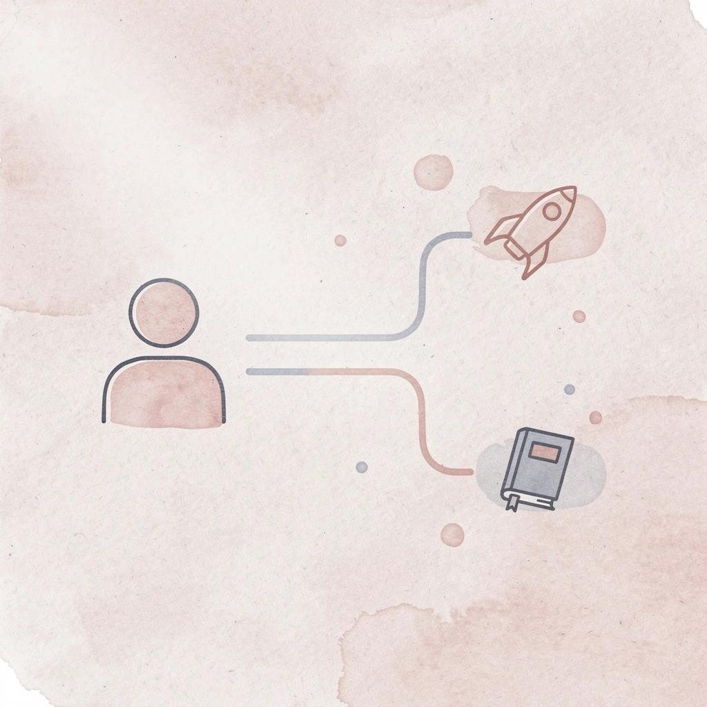 Wrench icon splitting into two paths representing tool choice versus execution focus