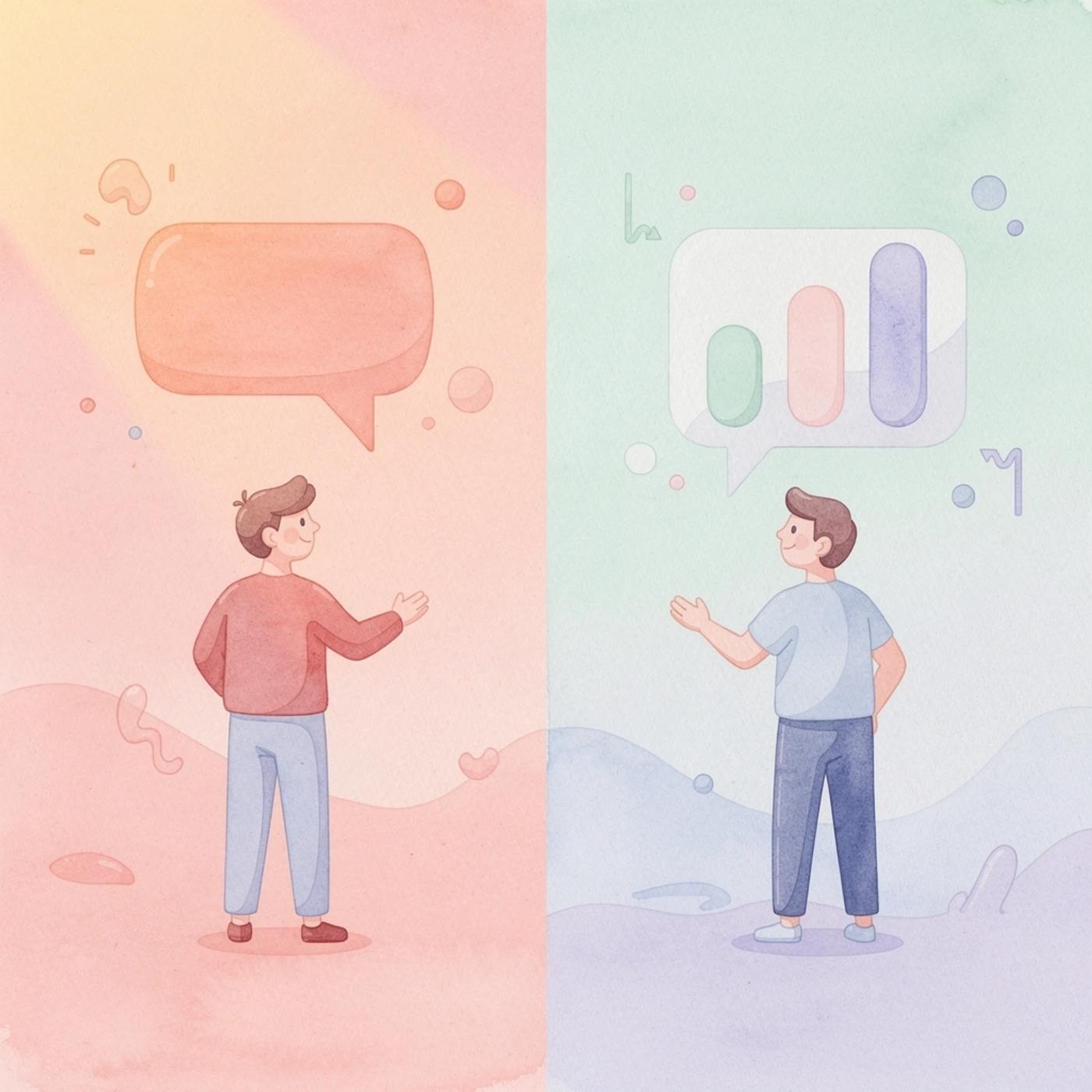 Split scene comparing feature-focused versus results-focused approaches