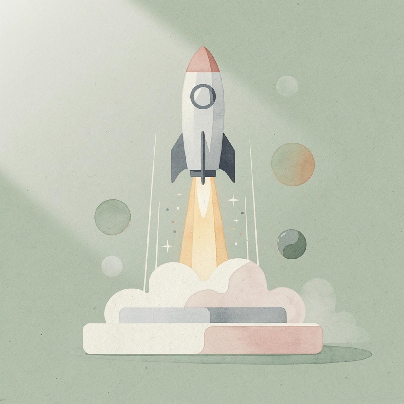 Scene illustration of an application launching upward representing serverless web app deployment
