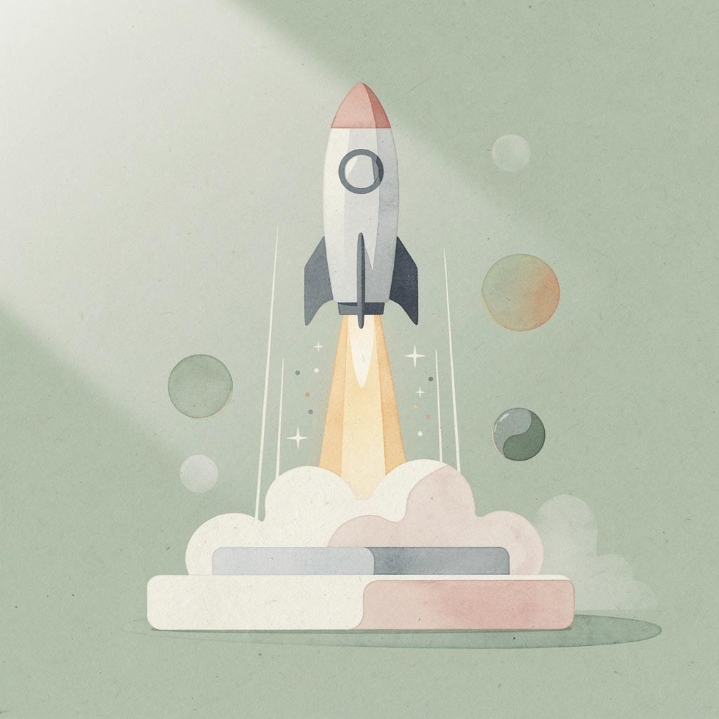 Scene illustration of an application launching upward representing serverless web app deployment