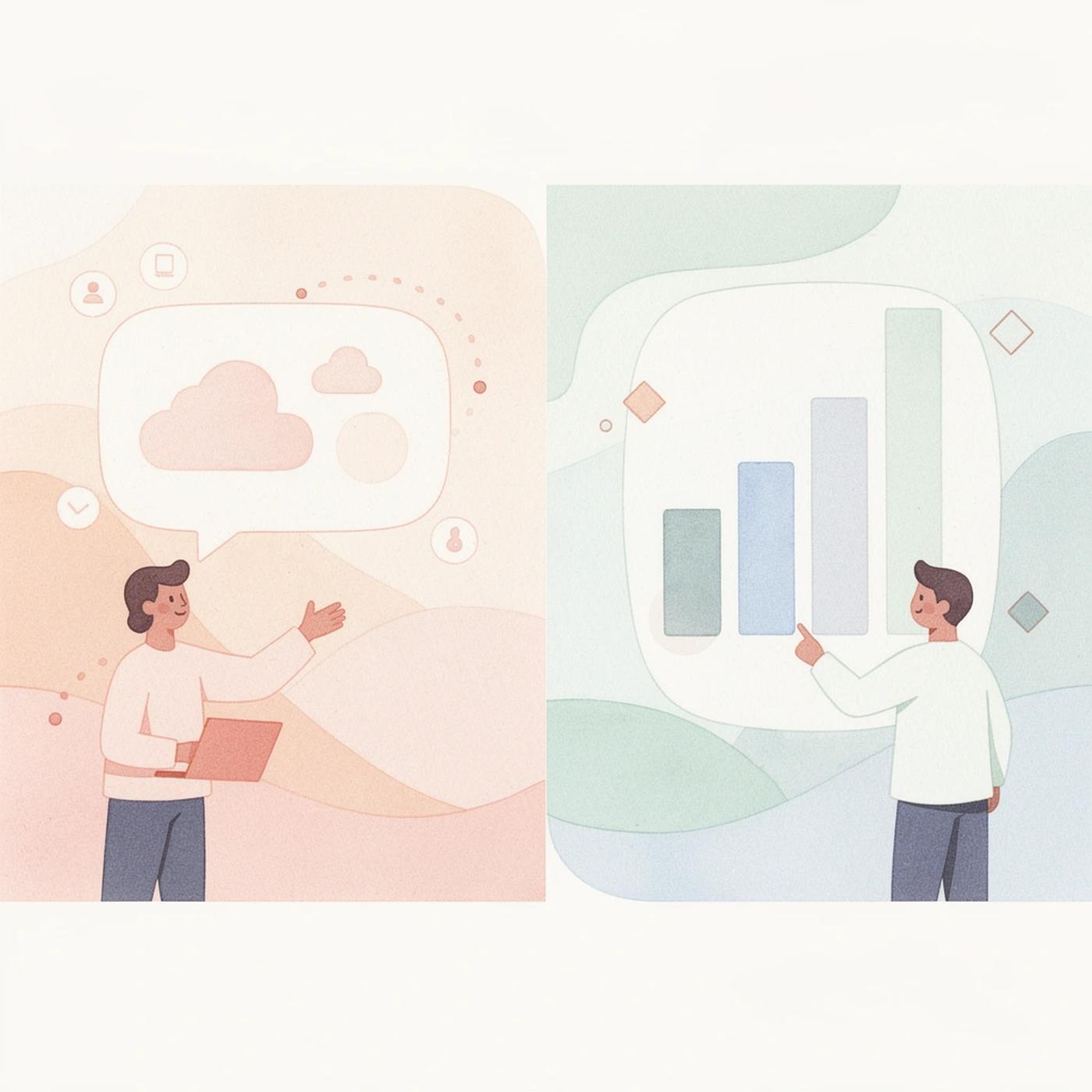 Split scene showing contrast between working product and growing business