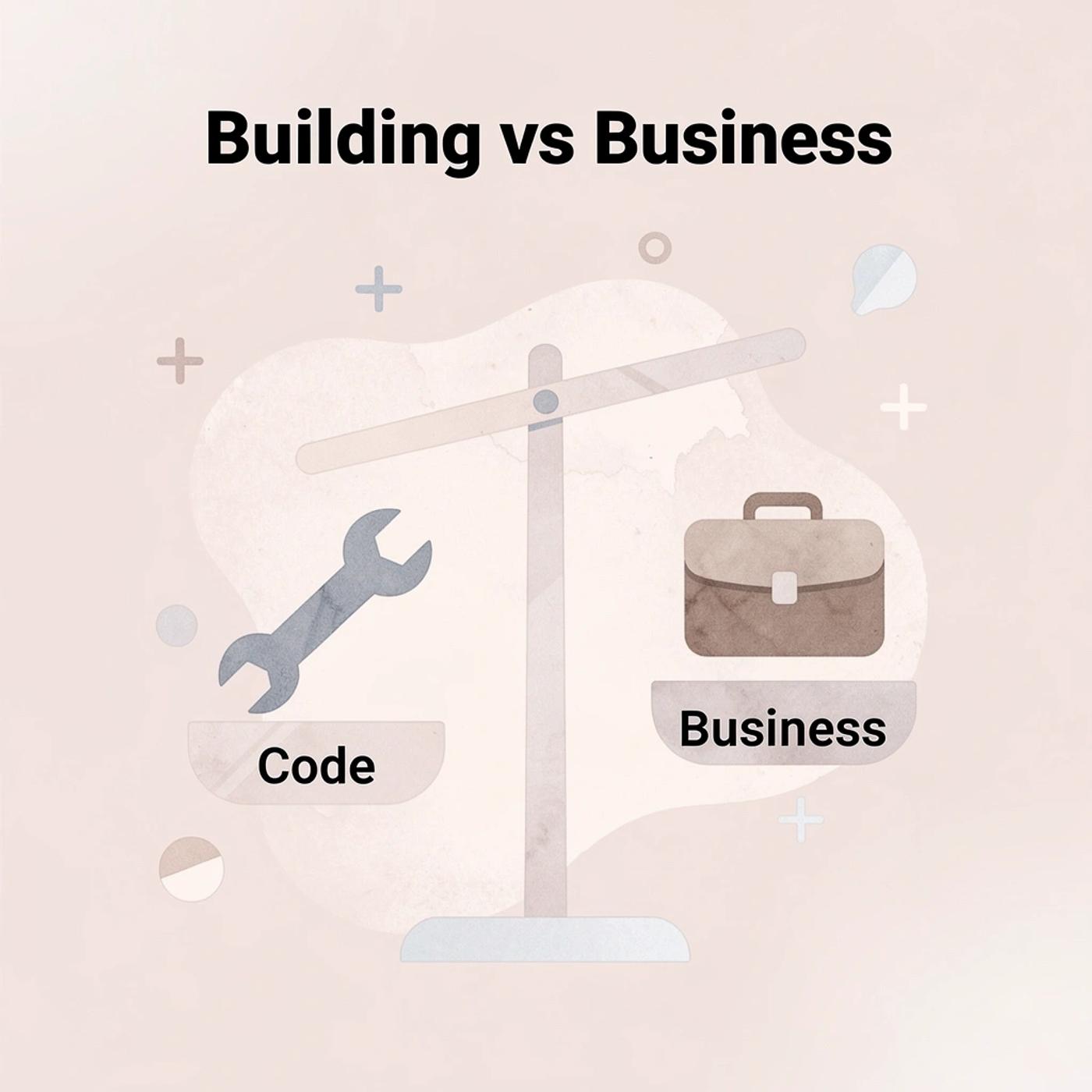 Balance scale comparing code building versus business development
