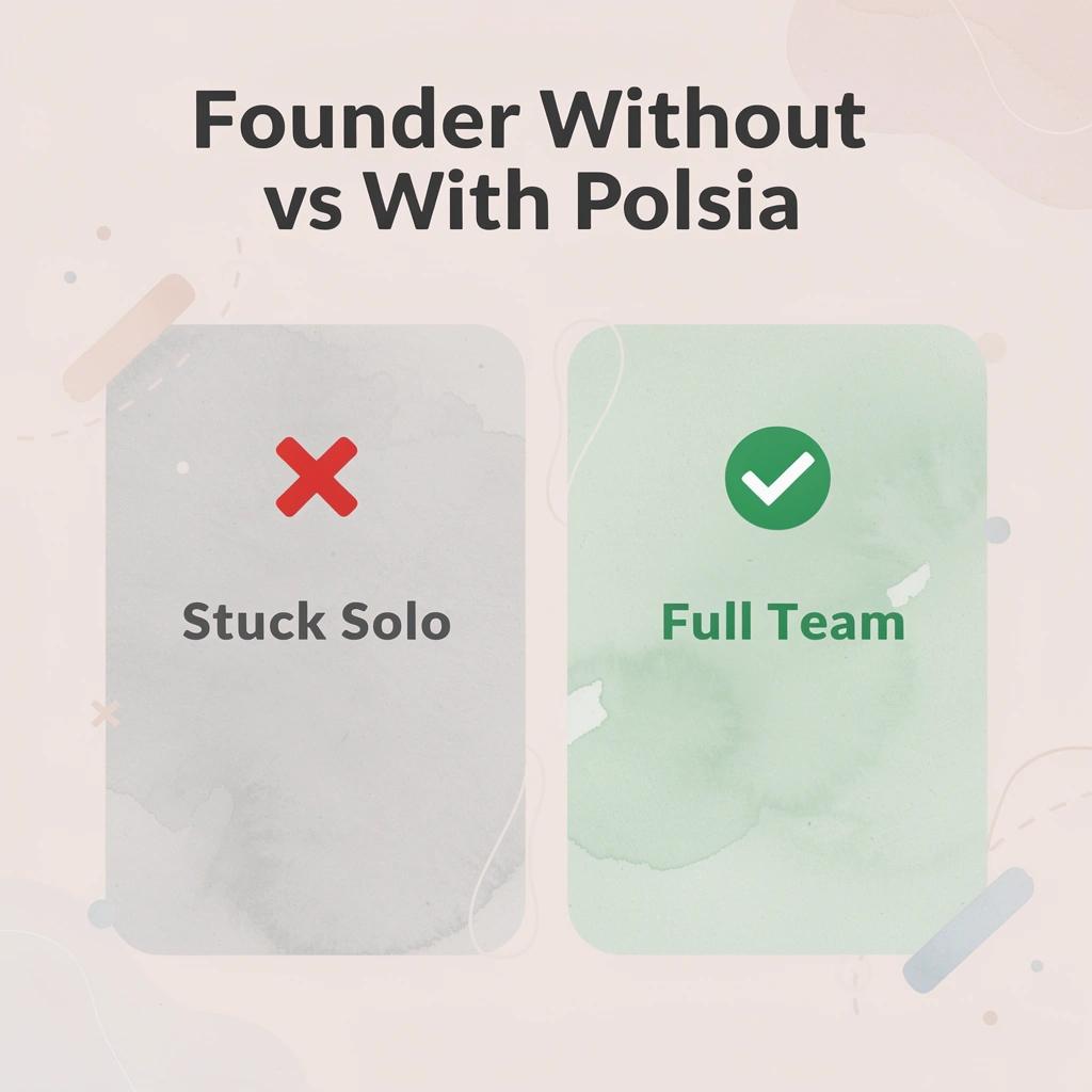 Before and after comparison of a solo founder without and with Polsia support