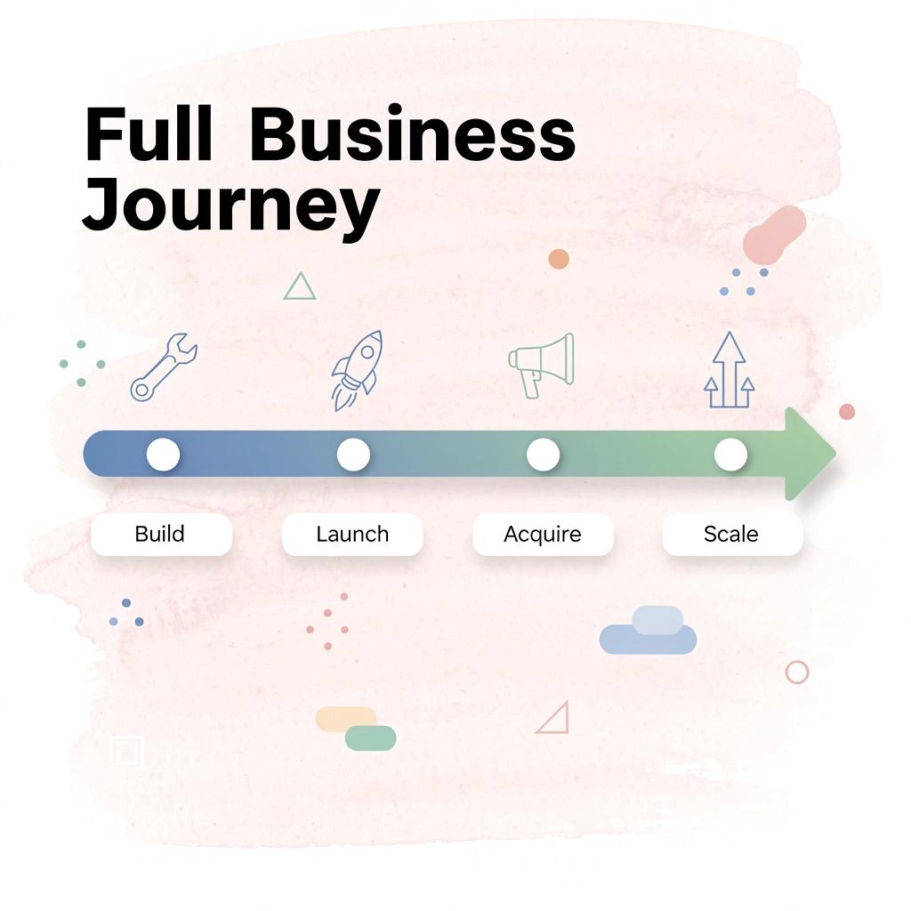 Arrow progression showing the full business journey from build to scale