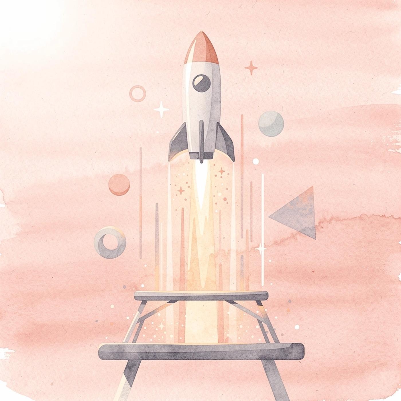 Scene illustration of a product launching upward, representing the SaaS founder approach of launching before perfecting