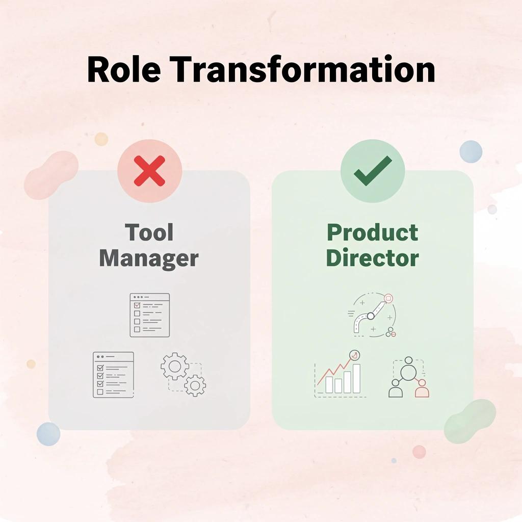 Before and after comparison showing transformation from tool manager to product director