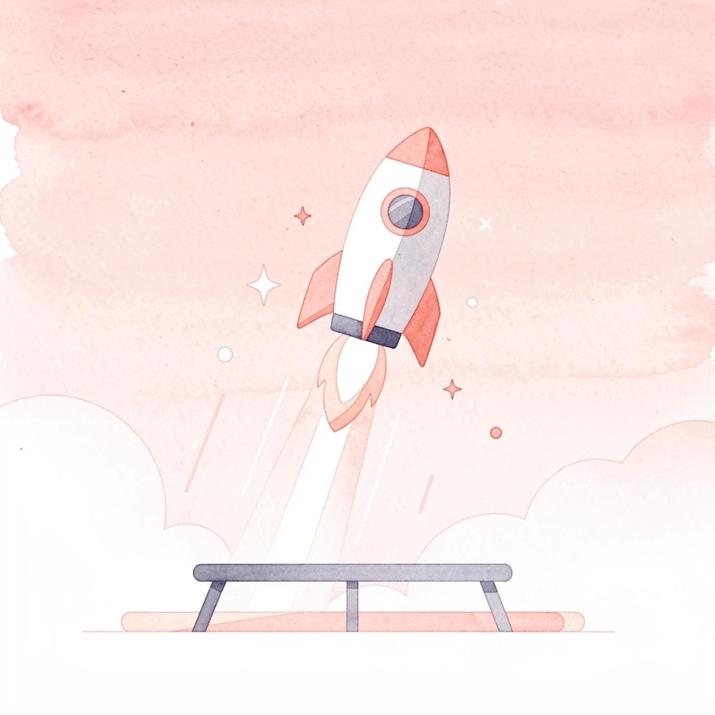 Scene illustration of a product launching upward, representing modern software launches