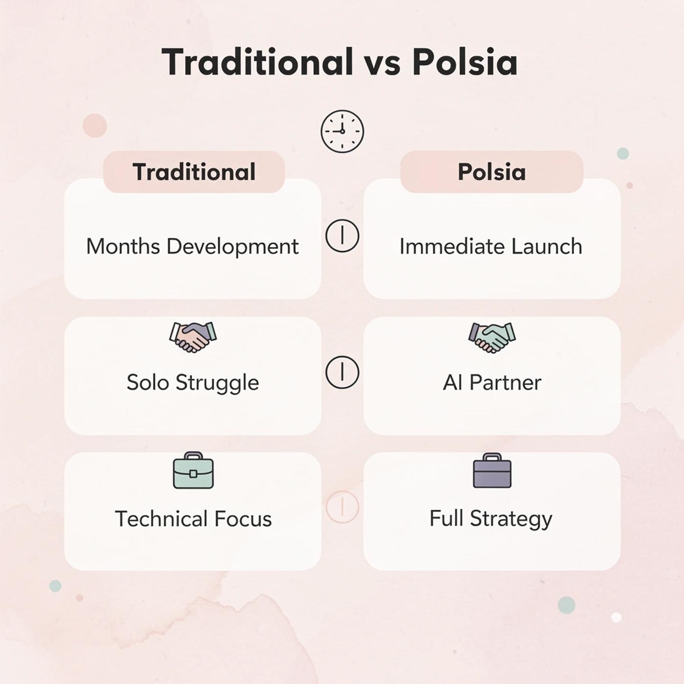 Comparison table showing traditional approach versus Polsia approach