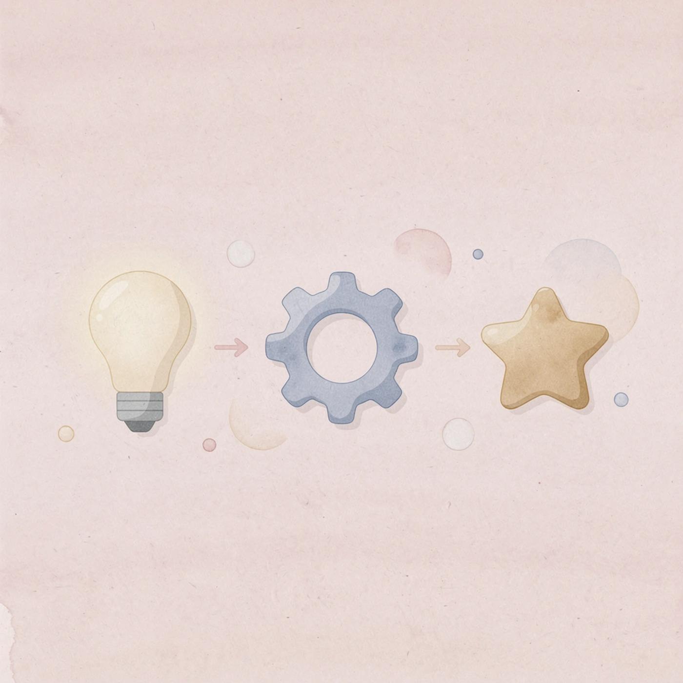 Three icons showing problem identification to solution process