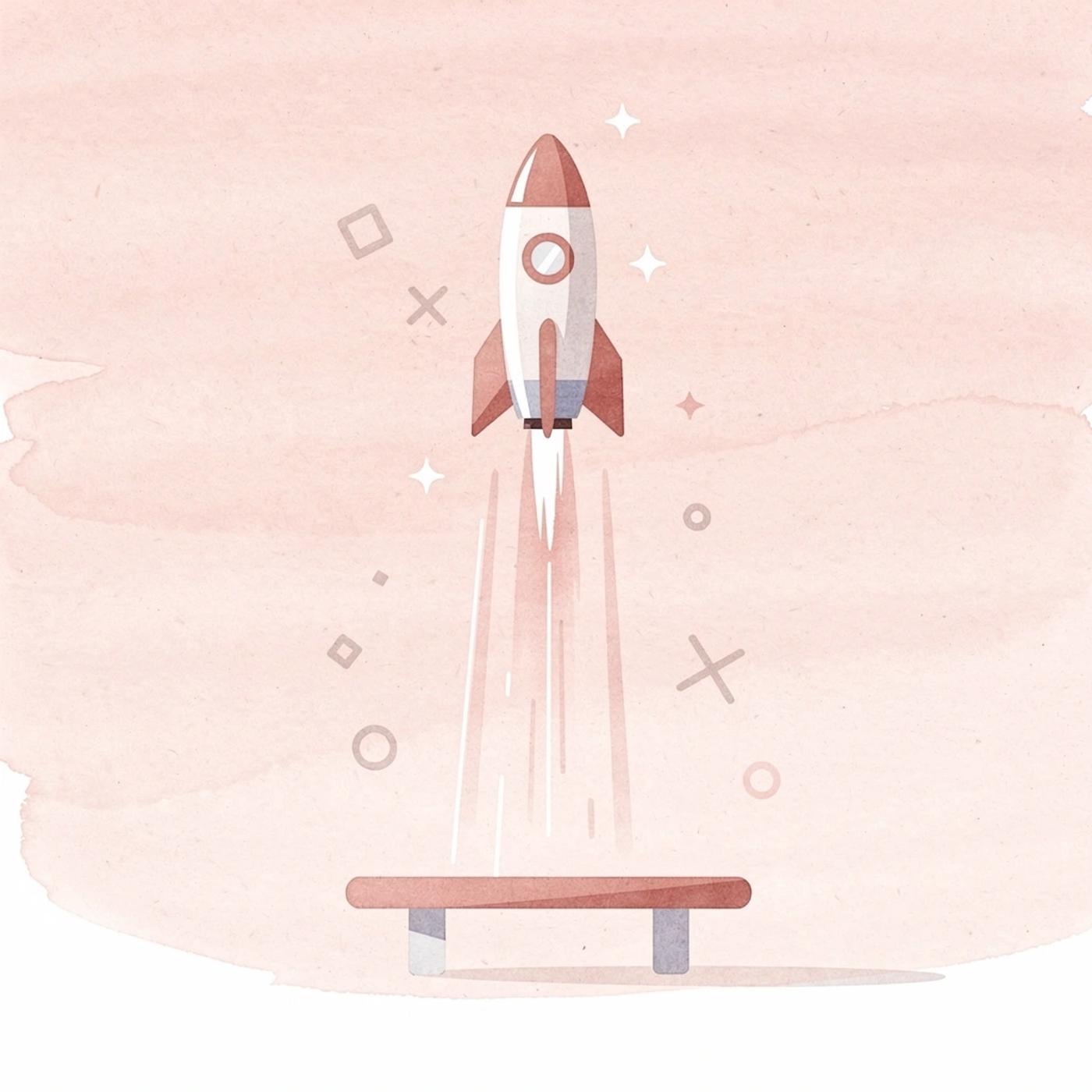 Rocket launching upward representing rapid business progress