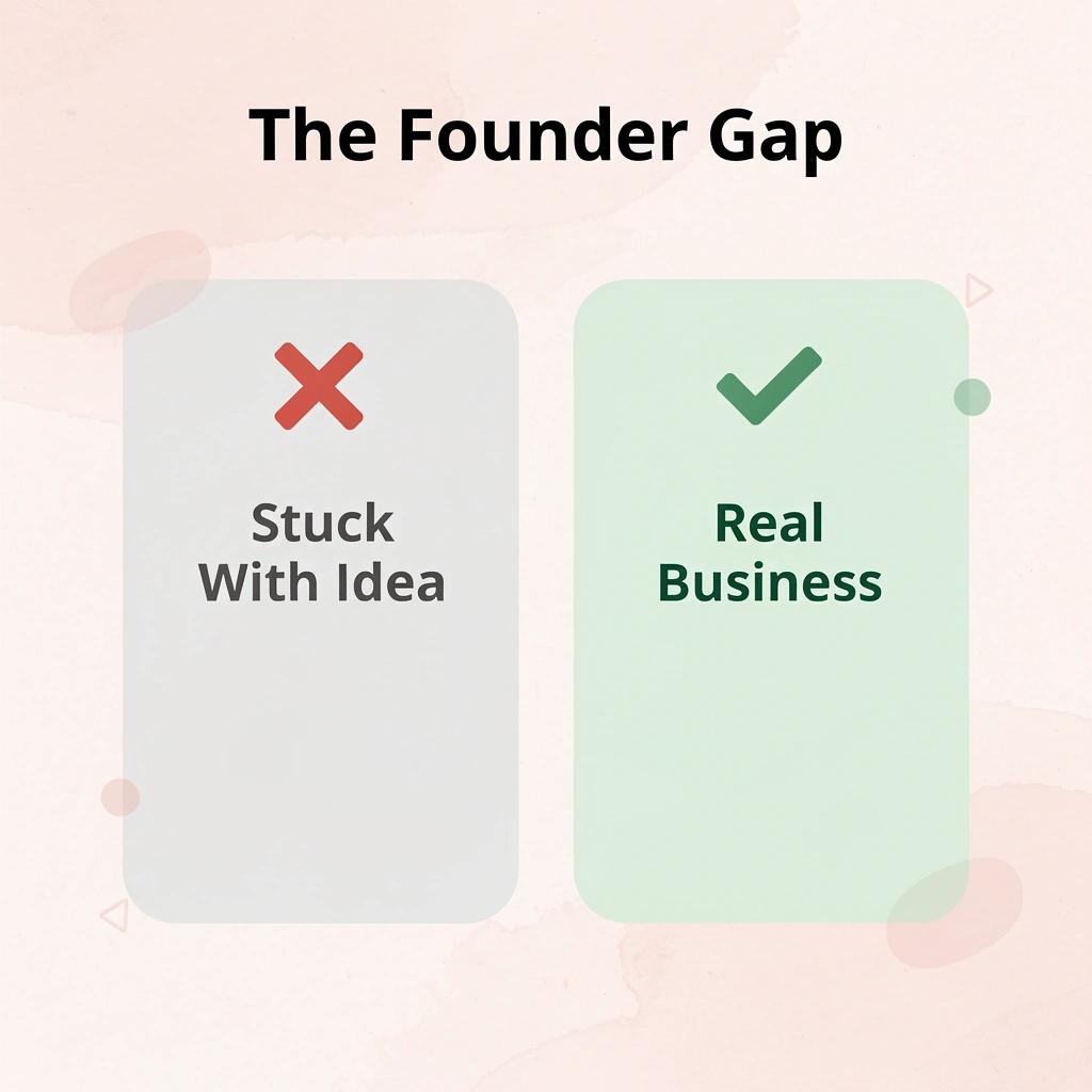 Before and after showing founders going from stuck with an idea to running a real business