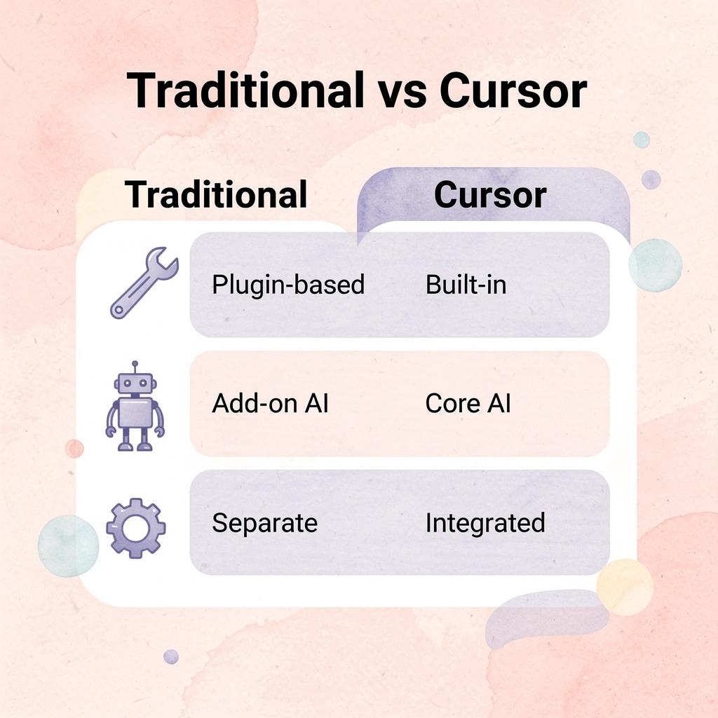 Comparison between traditional code editors and Cursor's approach