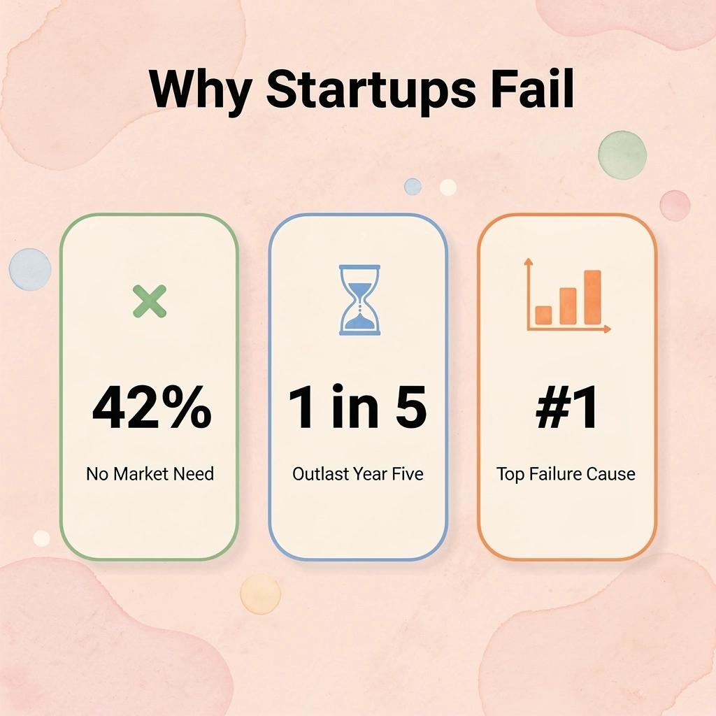 Infographic showing key startup failure statistics, including 42% failing due to no market need