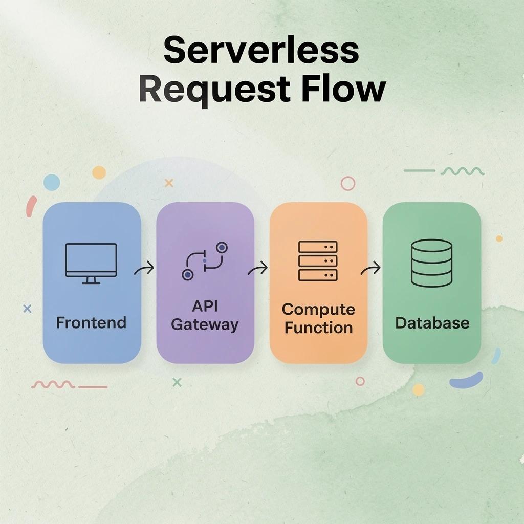 Infographic showing the four-stage serverless request flow from frontend to database