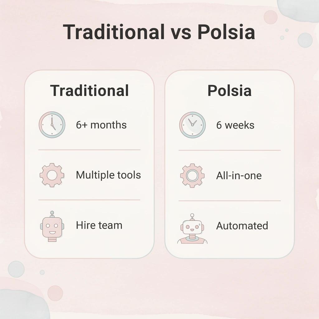 Comparison table showing traditional approach versus Polsia approach